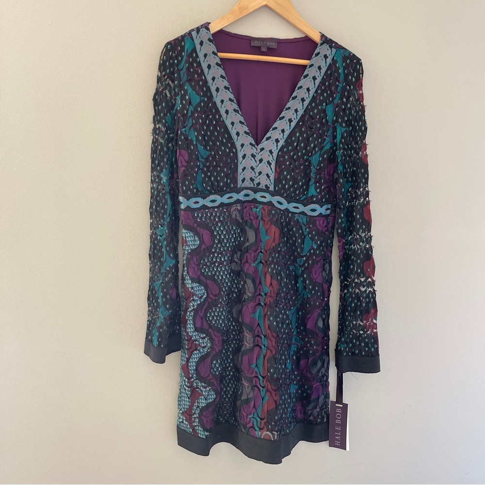 Hale Bob V Neck Jewel Tone Long Sleeve Lace Dress Size Medium NWT